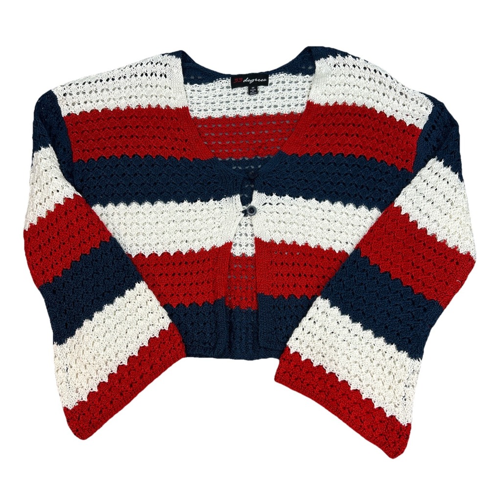 33 Degrees Womens‎ Cardigan Medium Red White Blue Crocheted Button Bell Sleeves